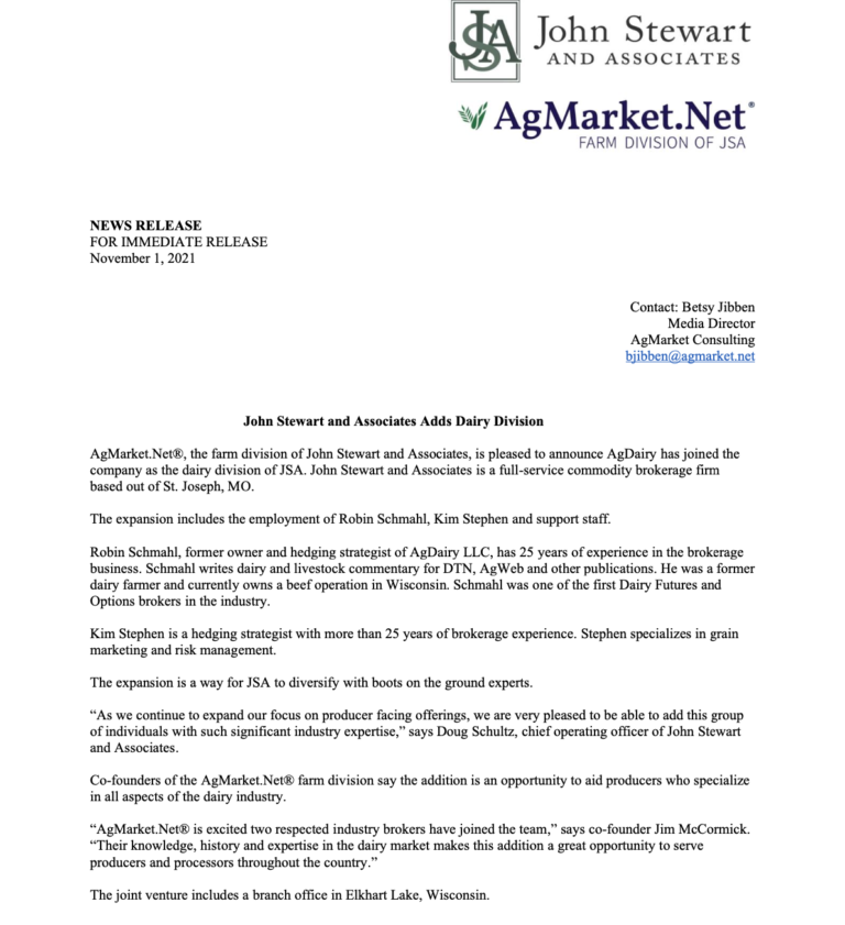 John Stewart and Associates Adds Dairy Division Ag Market
